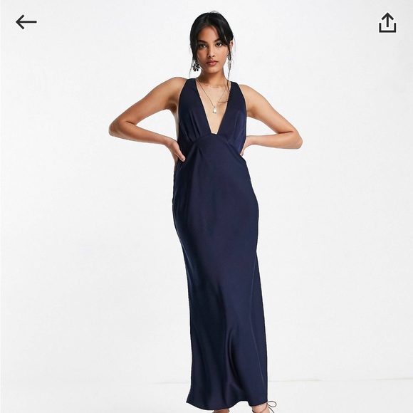 ASOS | Dresses | Asos Design Bias Cut Plunge Satin Midi Dress With Racer Back Size Uk 6 Navy